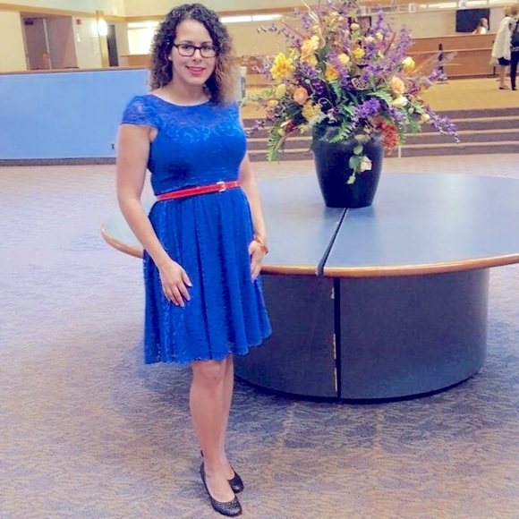 MARINA Dresses & Skirts - Marina Bright Blue Lace Dress Size 8 with belt